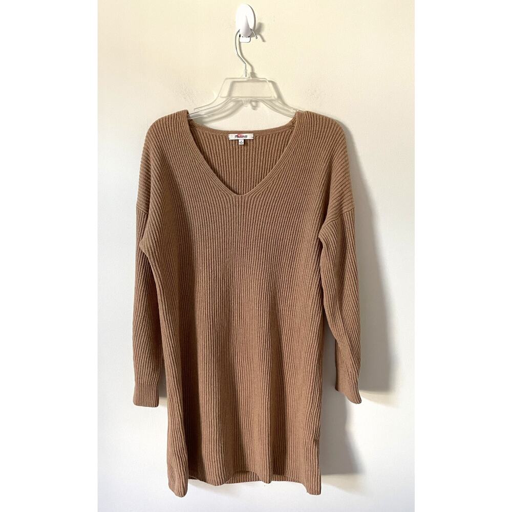 Madewell Wool Blend Long Sleeve V-Neck Sweater Mini Dress Tan Size Medium - Picture 2 of 7